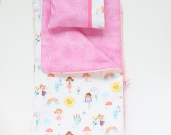 Ballerinas on White Flannel Sleeping Bag, Zippered Bedding and Pillow 18 Inch Doll