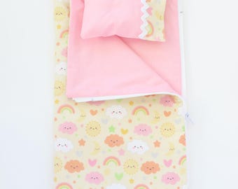 Flannel Stars, Rainbows, Clouds Zippered Sleeping Bag and Pillow 18 Inch Doll