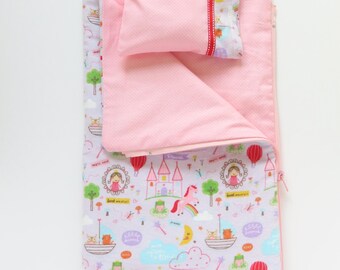 Castles on Purple Flannel Sleeping Bag, Zippered Bedding and Pillow 18 Inch Doll