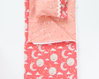 Flannel Moon, Stars, Cloud Zippered Sleeping Bag and Pillow 18 Inch Doll