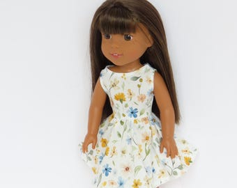 14.5 Inch Doll Blue & Yellow Floral Cotton Dress; Wellie Wishers Clothes
