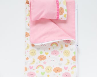 Flannel Stars, Rainbows, Clouds Sleeping Bag; Zippered Bedding and Pillow; 14.5 Inch Doll