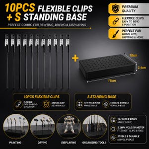 May include: A black S standing base with 14x9 hole rows, measuring 15cm x 10cm x 2.4cm, paired with 10 flexible clips. The set is designed for painting, drying, and displaying model kits and other small items.
