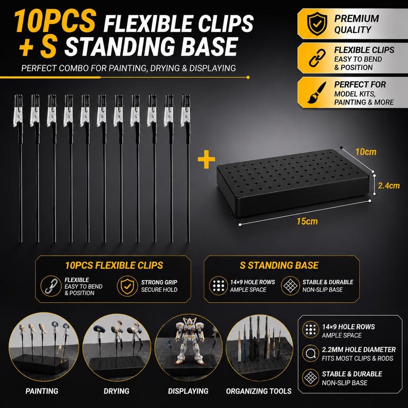 May include: A black S standing base with 14x9 hole rows, measuring 15cm x 10cm x 2.4cm, paired with 10 flexible clips. The set is designed for painting, drying, and displaying model kits and other small items.