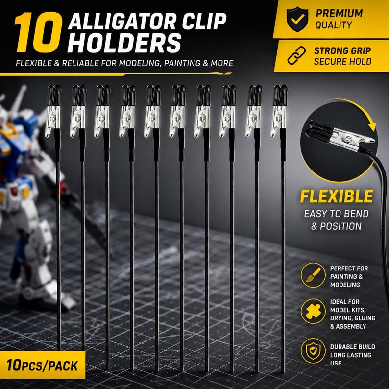 May include: Ten black alligator clip holders with silver clips, designed for modeling, painting, and more. The image highlights the flexibility and secure grip of the clips, perfect for model kits and assembly.
