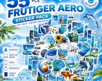 55 Frutiger Aero Stickers, Y2K Blue Aquatic Decals, Waterproof Pack