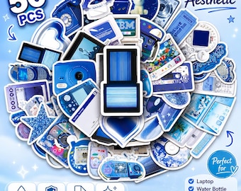 50pcs Blue Y2K Retro Tech Stickers, Gadget Decals, Journal Scrapbook Supplies