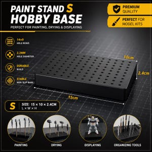 May include: Black paint stand and hobby base, 15cm x 10cm x 2.4cm, with multiple holes for painting, drying, and displaying model kits. Features include a durable build and non-slip base. The stand is perfect for organizing tools.