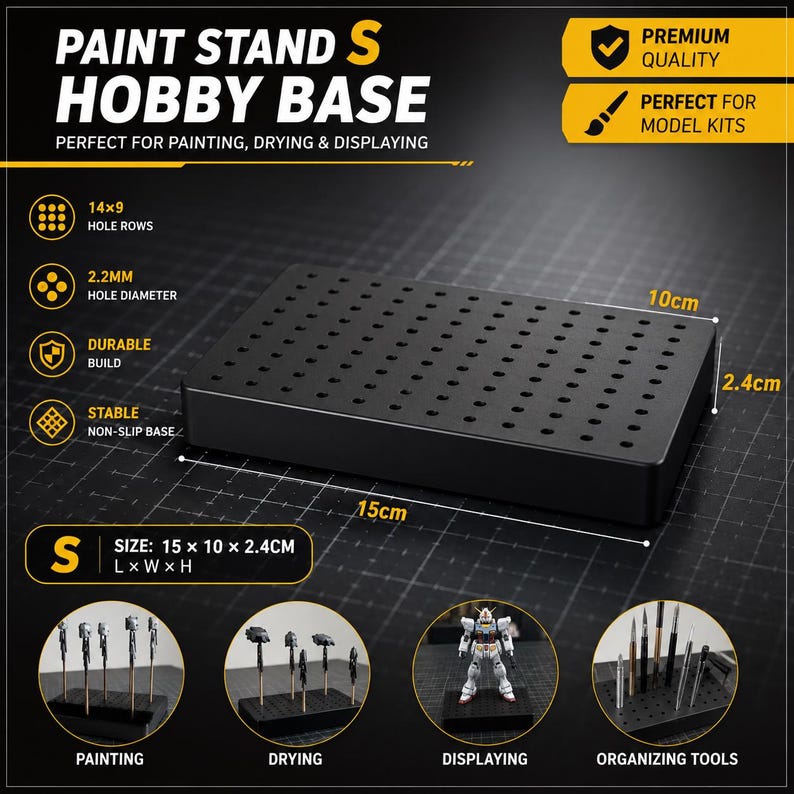 May include: Black paint stand and hobby base, 15cm x 10cm x 2.4cm, with multiple holes for painting, drying, and displaying model kits. Features include a durable build and non-slip base. The stand is perfect for organizing tools.