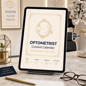 Può includere: Un tablet digitale mostra un "OPTOMETRIST Content Calendar" con un diagramma dell'occhio. Lo schermo mostra "30 Days of Ready-to-Post Content". Una penna, occhiali e una carta con "FOCUS CLARITY CONFIDENCE" sono sul tavolo.