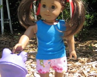 Pink Print Shorts with an Aqua Tank Top for 18 inch dolls