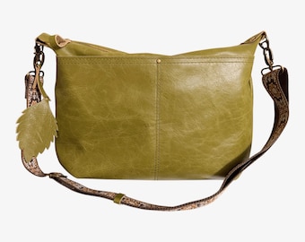 Handmade Avocado Green Italian Leather Crossbody Bag, Zip Top Shoulder Purse, Adjustable Strap