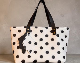 Black and White Polka Dot Leather Tote Bag, Handmade Leather Handbag, Whimsical Designer Style Purse, Artisan Top Handle Bag