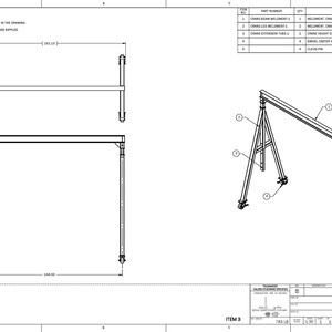 May include: Technical drawing of a shop crane with a 3-ton capacity. The crane is shown in multiple views, including a side view and an isometric view. Dimensions are provided in inches, such as 101.13 inches and 127.38 inches.