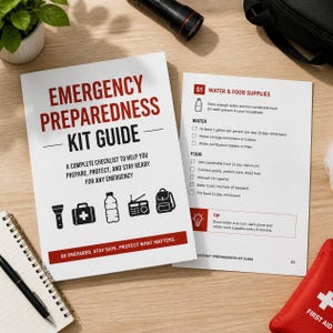 Może przedstawiać: Poradnik dotyczący zestawu awaryjnego z białą okładką z czerwonym i czarnym tekstem, zawierający tytuł Emergency Preparedness Kit Guide oraz stronę z listą kontrolną zatytułowaną Water & Food Supplies z ikonami niezbędnych artykułów przetrwania.