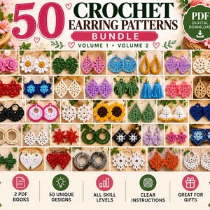 Op de afbeelding: Een digitaal downloadpakket met 50 haakpatronen voor oorbellen in twee delen. De afbeelding toont een raster van diverse kleurrijke gehaakte oorbelontwerpen, waaronder bloemen, bladeren, harten en geometrische vormen, voorzien van tekstlabels.