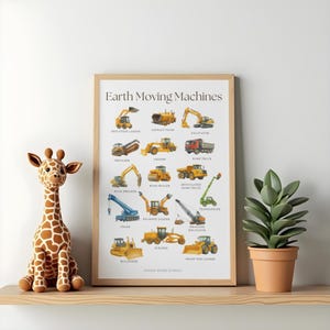 May include: A framed educational poster titled Earth Moving Machines featuring watercolor illustrations of various construction vehicles including a skid steer loader, excavator, dump truck, crane, and bulldozer with labels for each machine.