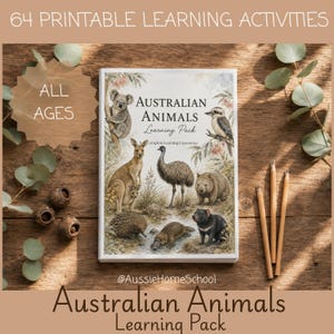 May include: A rectangular learning pack titled Australian Animals Learning Pack featuring illustrations of a koala, kookaburra, kangaroo, emu, wombat, echidna, platypus, and Tasmanian devil. The cover includes the text 64 PRINTABLE LEARNING ACTIVITIES and ALL AGES.