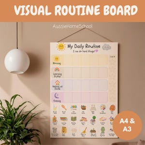 May include: A rectangular visual routine board titled My Daily Routine with the text I can do hard things. It features colour-coded sections for morning, learning and play, helping at home, and evening, with various task icons and star checkboxes.