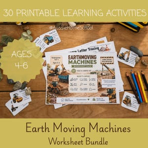 Könnte beinhalten: Ein Set aus ausdruckbaren Lernarbeitsblättern mit dem Titel Earthmoving Machines, das Illustrationen von Baumaschinen, Buchstabenübungen und pädagogische Fakten für Kinder im Alter von 4-6 Jahren enthält, ergänzt durch Buntstifte und kleine Steine.