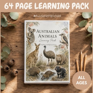 Pode incluir: Um pacote de aprendizagem de 64 páginas intitulado Australian Animals Learning Pack com ilustrações em aguarela de um koala, canguru, emu, wombat, equidna, ornitorrinco e diabo da Tasmânia. A capa inclui o texto @AussieHomeSchool e All Ages.
