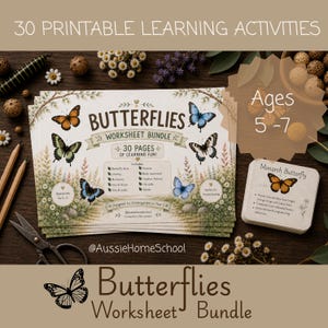 Peut inclure: Un ensemble d'activités pédagogiques imprimables intitulé Butterflies Worksheet Bundle, comprenant 30 pages pour les enfants de 5 à 7 ans. Les feuilles présentent des illustrations de papillons, du texte et une carte sur le papillon monarque.