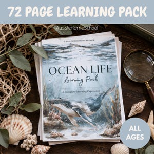 Könnte beinhalten: Ein 72-seitiges Lernpaket mit dem Titel Ocean Life Learning Pack mit einer Aquarellillustration eines Wals, der unter Wasser schwimmt. Das Cover enthält den Text AussieHomeSchool, 2026 Aussie Home School und A Complete Learning Experience.