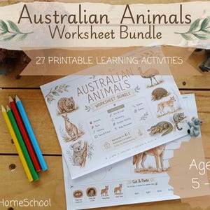 May include: An Australian Animals worksheet bundle featuring 27 printable learning activities for ages 5-7. The document includes illustrations of a wombat, kangaroo, koala, emu, echidna, dingo, and crocodile, accompanied by three colored pencils.