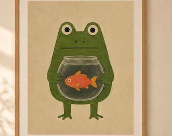 Frog Holding Fishbowl Poster | Rolled Poster, Cute Nursery Wall Art cottagecore whimsy
