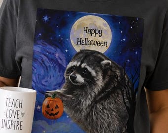 Jimothy Raccoon Holding Jack-O'-Lantern Tee Happy Halloween Moon Night comfort colors