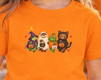 Kids Halloween Shirt with Turtle Bear Otter and Frog Trick or Treat Animal Design