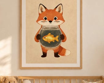 Cute Fox Holding Goldfish Bowl Rolled Poster | Nursery Wall Art College Dorm