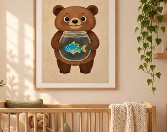 Cute Bear Holding Fishbowl poster | Rolled Poster, Nursery Wall Art College dorm