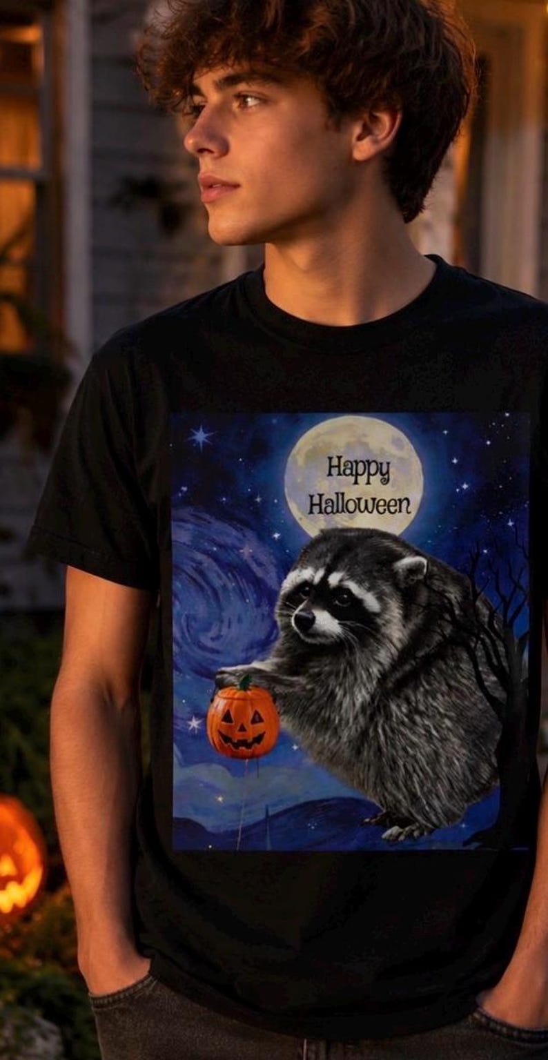 Op de afbeelding: Een zwart t-shirt met korte mouwen en een grafische print van een wasbeer die een kleine oranje pompoen vasthoudt. De achtergrond toont een nachtelijke hemel met een grote volle maan en de tekst Happy Halloween in zwarte letters.