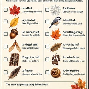 May include: A Fall Scavenger Hunt checklist printed on cream paper with autumn leaf illustrations. It features two columns of items to find, including a red leaf, spiderweb, acorn, bird, and animal tracks, each with a checkbox and descriptive text.