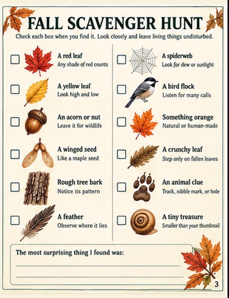 May include: A Fall Scavenger Hunt checklist printed on cream paper with autumn leaf illustrations. It features two columns of items to find, including a red leaf, spiderweb, acorn, bird, and animal tracks, each with a checkbox and descriptive text.