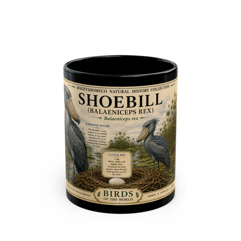 Shoebill Mug 15 oz Black Ceramic Cup with Vintage Natural History Bird Art image 3