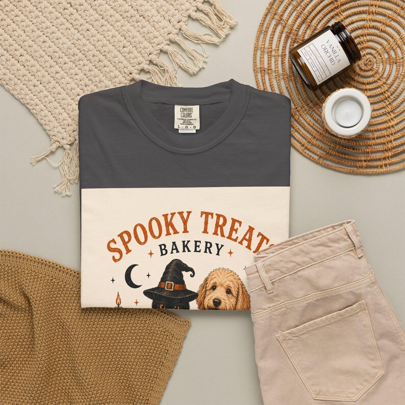 Spooky Treats Bakery Goldendoodle and Black Cat Spooky Cookies Halloween Tee Shirt | Halloween Puppy Baking Design Comfort Colors image 19