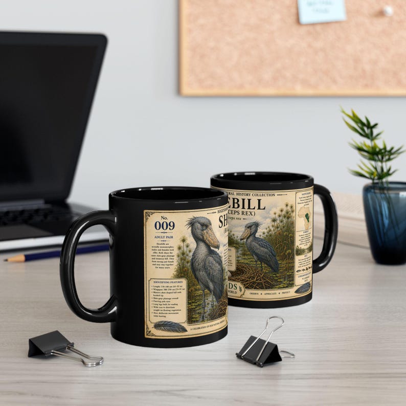 Shoebill Mug 15 oz Black Ceramic Cup with Vintage Natural History Bird Art image 9