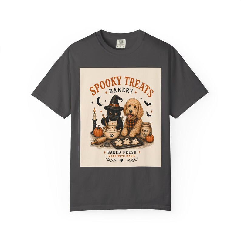 Spooky Treats Bakery Goldendoodle and Black Cat Spooky Cookies Halloween Tee Shirt | Halloween Puppy Baking Design Comfort Colors image 13