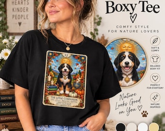 The Loyal Companion Tarot Dog Women's Boxy Tee | Bernese Mountain Dog Art, Spiritual Astrology Celestial Horoscope