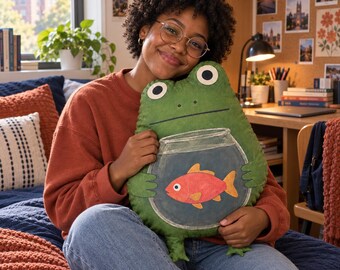 Frog Holding Fishbowl Pillow Nursery College dorm stuffy