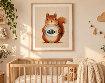 Squirrel Holding Fishbowl Poster | Cute Animal Nursery Wall Art