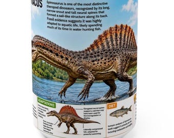 May include: A white ceramic mug featuring a detailed illustration of a Spinosaurus dinosaur in a river setting. The design includes educational text about the dinosaur's physical adaptations, diet, and fossil evidence, with a clear blue sky background.