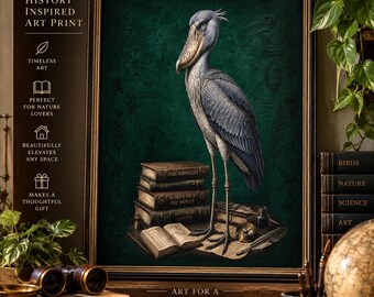 Shoebill with Antique Books Poster | Rolled Poster