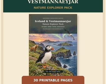 Iceland Activity Pack for Kids, Vestmannaeyjar Printable Worksheets, Puffin Coloring Pages, Volcano & Northern Lights Homeschool PDF