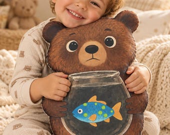 Bear  Holding Fishbowl  Pillow | Custom Shaped Pillow NURSERY COLLEGE DORM
