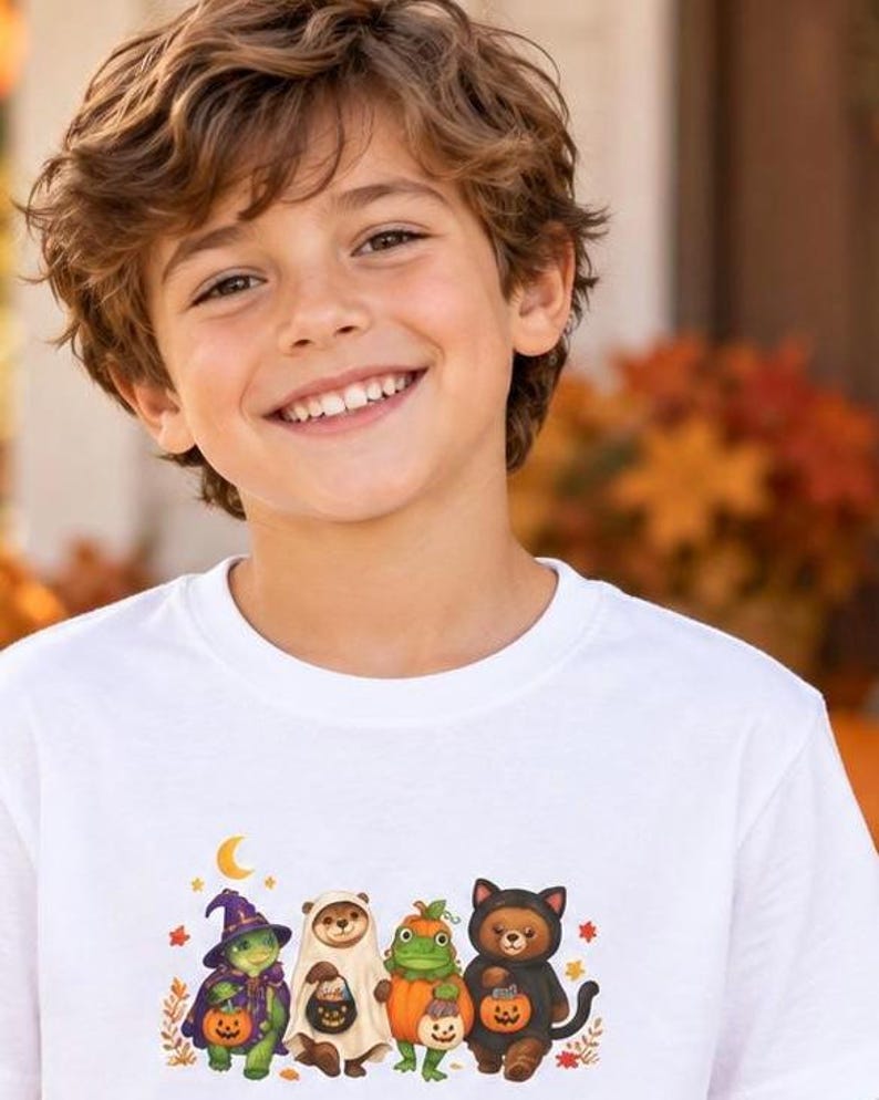 May include: A white t-shirt featuring a graphic print of four small animals dressed in Halloween costumes. The illustration includes a turtle in a witch hat, an otter in a ghost sheet, a frog in a pumpkin suit, and a bear in a black cat costume.