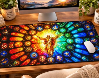 Stained Glass Jesus Rainbow Desk Mat | Christian Mouse Pad Office Mat Faith