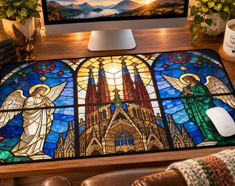Stained Glass Cathedral Angels Desk Mat | Gothic Church Window Mousepad Faith